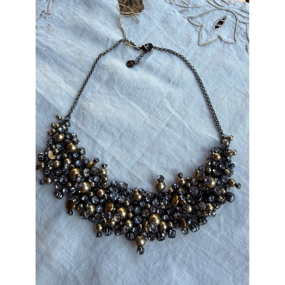 Talbots Statement Bib Necklace chain Gold faux pearls Sparkly‎ gray crystals